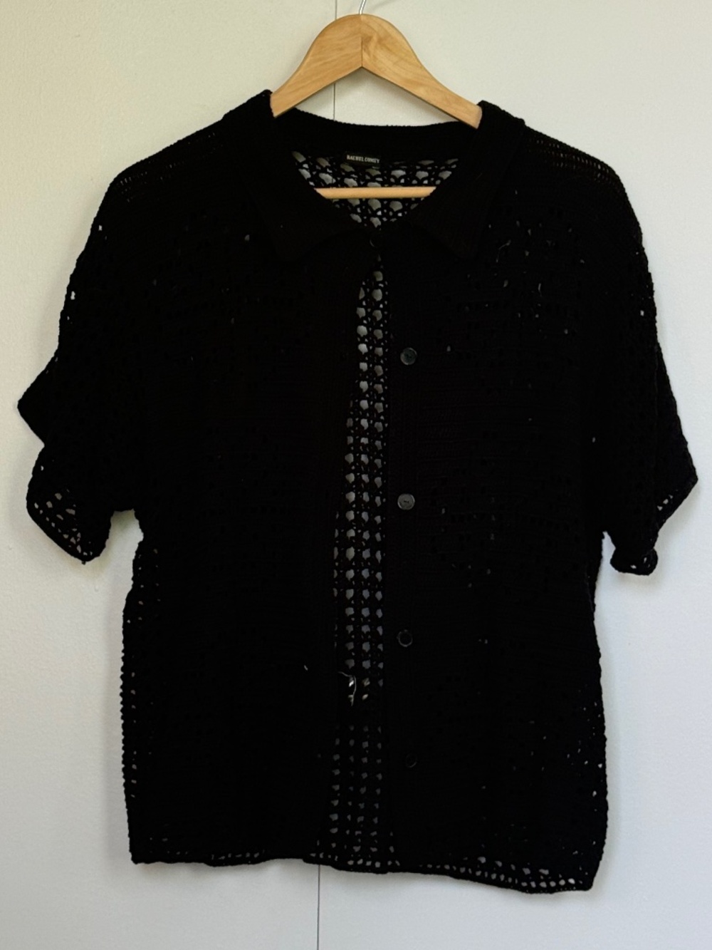 Rachel Comey Black Crochet Open Knit Short Sleeve Button Down Camp Shirt